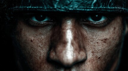 Obraz premium Intense close-up portrait of a rugged man with a fierce expression showcasing textured skin highlighting confidence and resilience against a moody dark background