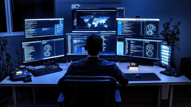 Programmer working late multiple screens displaying code and data