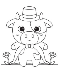 Coloring book cow wearing a top hat and cape among the flowers