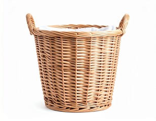 Obraz premium Wicker hamper with white fabric liner, featuring round handles, on a clean white backdrop