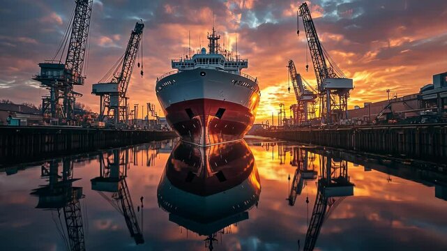Massive ship in dry dock at sunrise.  A majestic vessel reflects in still waters,  surrounded by industrial cranes and docks.  Golden hour illuminates the scene