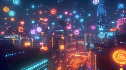 Obraz premium Futuristic city landscape filled with glowing digital icons.