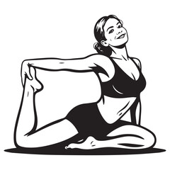 Woman in yoga pose stretching in black and white vector  illustration