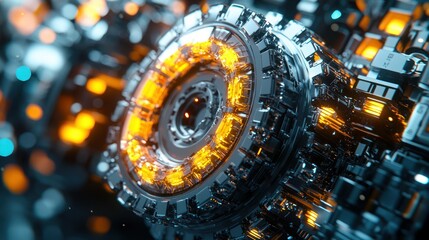 Complex, metallic structure with an orange glowing core