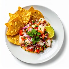 Colorful ceviche with tortilla chips, lime, red onions, and cilantro on a white plate