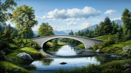 Fototapeta premium Scenic view of a stone bridge over a tranquil river in a lush green landscape.