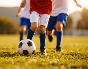 Obraz premium Boys kicking soccer ball during a golden sunset. Football match in summer sunny day. Soccer match on a warm and glowing field