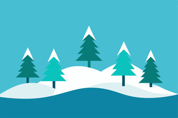 Fototapeta premium Winter Wonderland: A minimalist illustration captures the serene beauty of a winter landscape, showcasing snow-capped trees and soft hills. The cool color palette enhances the tranquil ambiance.