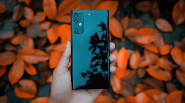 Showcase of the Galaxy Note 20 Ultra's sleek design against a backdrop of autumn leaves. The image highlights the phone's camera system and glossy finish.
