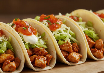 A mouthwatering perspective of filled tacos, stacked in a row, ready to be served.
