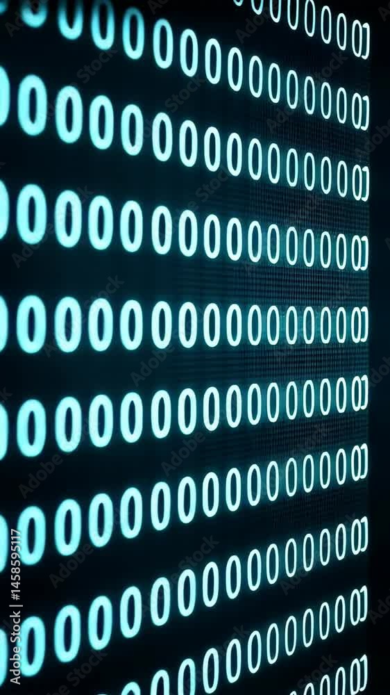 Poster binary code streams down dark computer screen, digital ones and zeros cascade for data display, comp