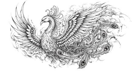 Obraz premium Blackwork tattoo icon. Intricate phoenix illustration in black and white