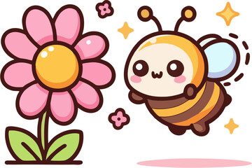 Adorable Chibi Bee Flying Toward Pink Flower – Cute Cartoon Vector with Sparkles, Big Eyes, and Kawaii Style for Kids Designs