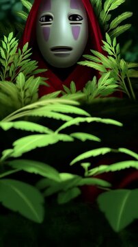 Mysterious masked figure in red robes emerging from a vibrant green jungle foliage backdrop, conveying a sense of otherworldly presence.