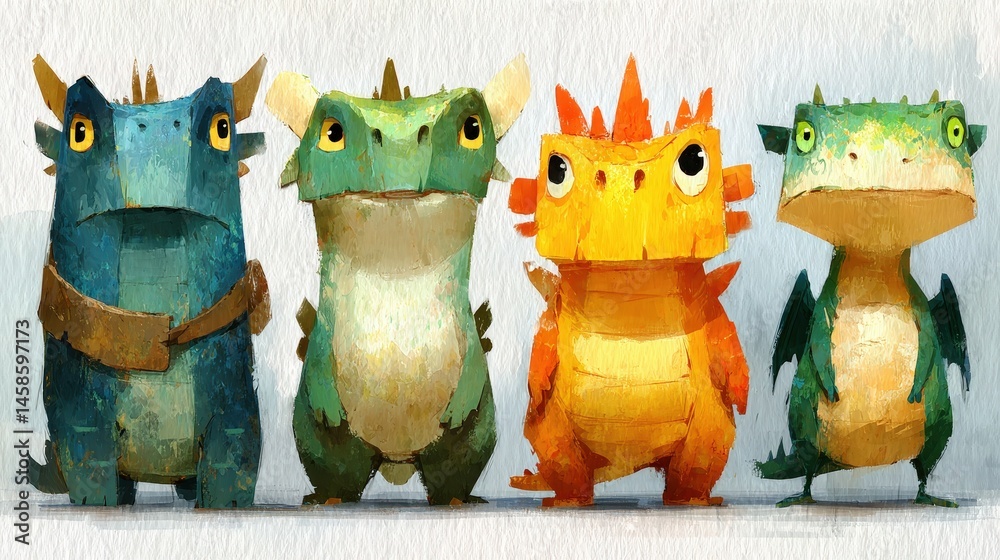 Poster a group of three different colored watercolor animals isolated on a bright white background for chil