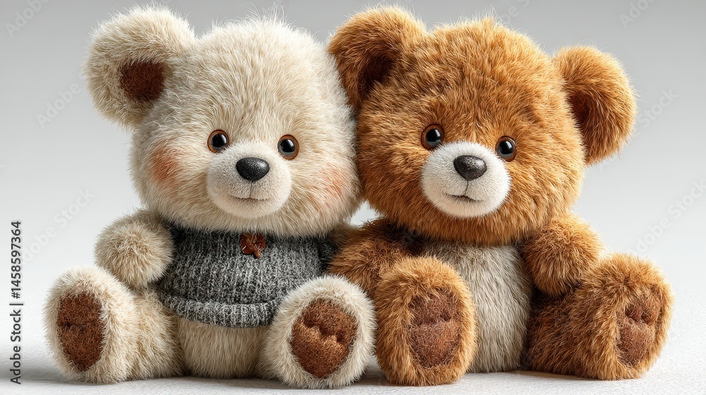 Poster two adorable teddy bears in realistic style isolated on a white background capturing the joy of chil