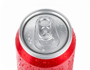 Top view of a red soda can with water droplets, on a white background