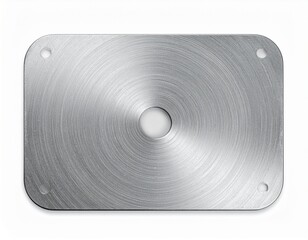 Metal plate with central hole and four corner holes, showing circular brushed texture detail
