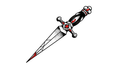 Dotwork graphic pack. Decorative dagger with ornate handle and red accents