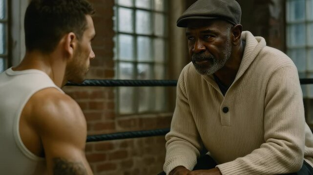 Moment of mentoring, coach debriefing  boxing workout with  student, analyzing mistakes and sharing experience knowledge, handheld shooting  reportage style, camera shaking