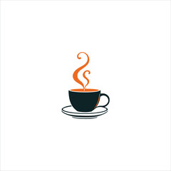 Abstract Vector Logo Icon Illustration of a Black Coffee Cup with Swirling Orange Steam