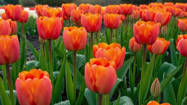 Time lapse of orange tulips blooming and orange tulips garden. Generative AI.
