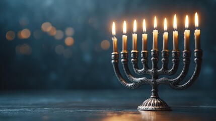 Fototapeta premium Traditional Menorah with Lit Candles in a Festive Setting