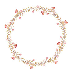Thin circle watercolor wreath with fine pink flowers and leaves. Hand drawn vintage floral frame template with small blossom twigs. Perfect for tailor logo and romantic card and invitation design.