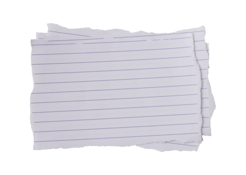 White ripped torn sheet of notebook paper with blue lines isolated on transparent background