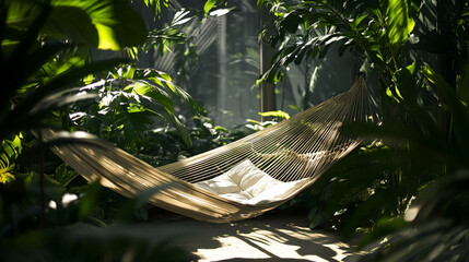 Serene hammock nestled within lush botanical greenery evokes peaceful relaxation
