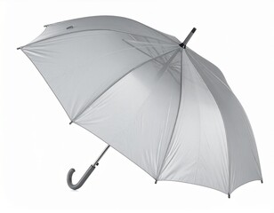 An open, silver umbrella against white backdrop, reflecting light