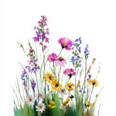 Lively watercolor wildflowers in a pot displaying nature's colors against a bright white background for home decor