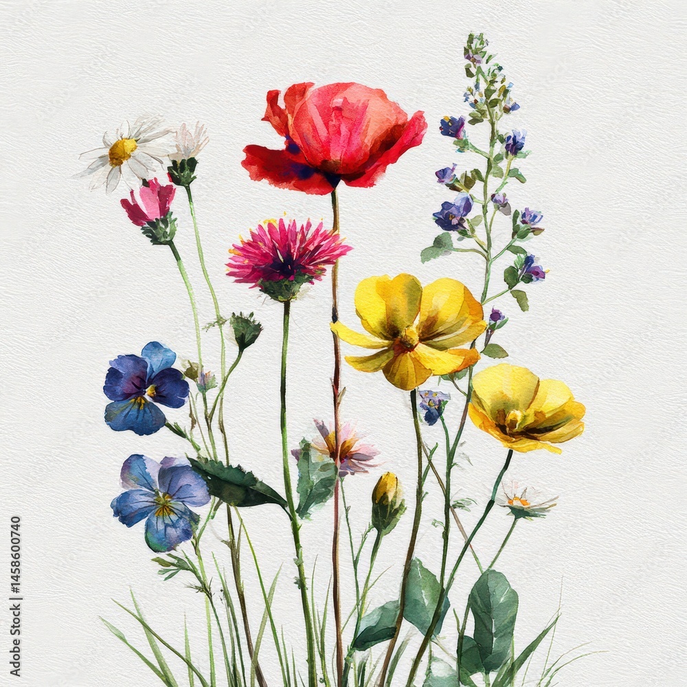 Aufkleber Charming watercolor bunch of wildflowers displaying a beautiful array of colors against a simple white background