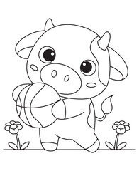 Coloring book sporty calf holding a basketball with flowers