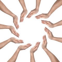Making circle of human hands on white background. Unity, partnership, cooperation