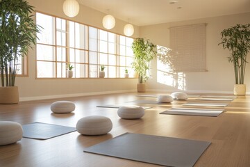 Spacious yoga studio with plants and wooden flooring