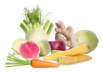 Different root vegetables isolated on white. Onion, carrots, celery root, ginger, turnips
