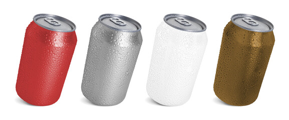 Tin cans with water drops isolated on white, set
