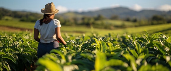 Focused female farmer cultivating plants at agriculture farm, rural backdrop