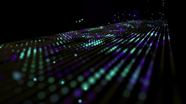 Dots big data in row algorithm quantum computing. Futuristic digital data analitics stream in dark. Technology transmission information in grid cyberspace.