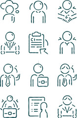 Business process web icons set in thin line design. Pack of inspection, hire, calculation money, coaching, protection, cooperation, success, task, other outline stroke pictograms.