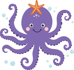 Happy Purple Octopus with a Sea Star