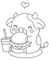 Coloring book calf enjoying a burger and drink creative coloring for kid 