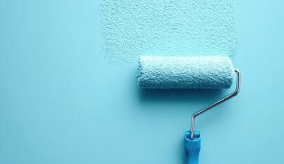 Obraz premium A paint roller applies light blue paint smoothly on a wall, suggesting a home improvement or renovation project.