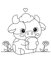 Coloring book loving calf hugging a piece of bread