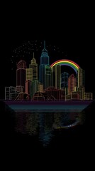 Vibrant city skyline with rainbow urban landscape digital art night view colorful concept