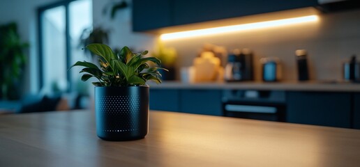 Minimalist kitchen accent: A stylish plant centerpiece on the kitchen counter