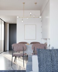 contemporary modern dining room with mute color and poster framed mockup on white wall. 3d illustration