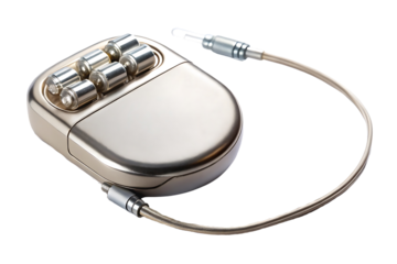 A pacemaker device with connecting leads isolated on a transparent background.