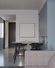 contemporary modern dining room with mute color and poster framed mockup on white wall. 3d illustration